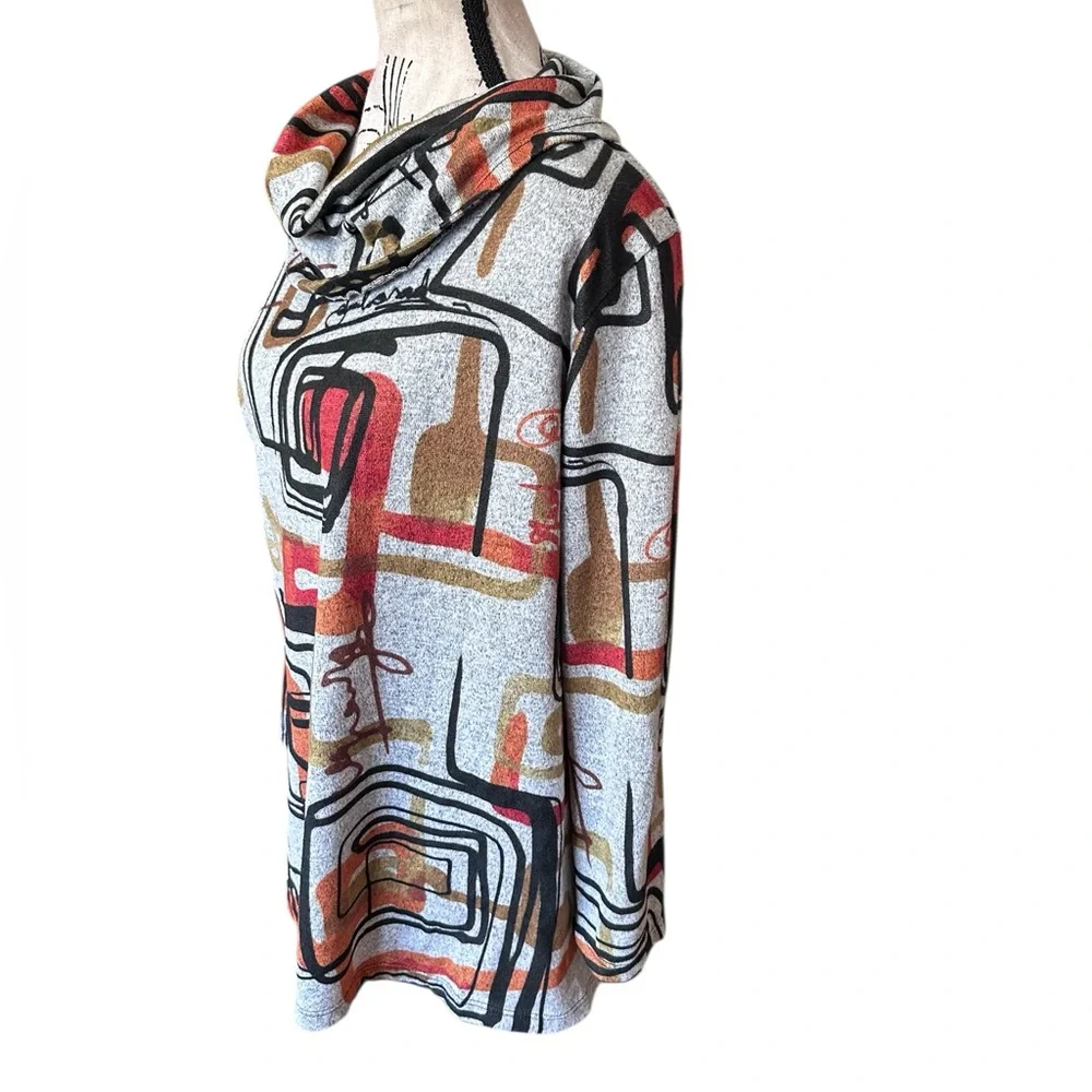 Jess & Jane Abstract Print Tunic Top Cowl Neck Sweater Medium Made USA Lagenlook